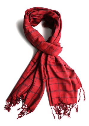 In-Sattva Red checkered handwoven rayon scarf stole, primary product image highlighting its color, pattern and woven texture.