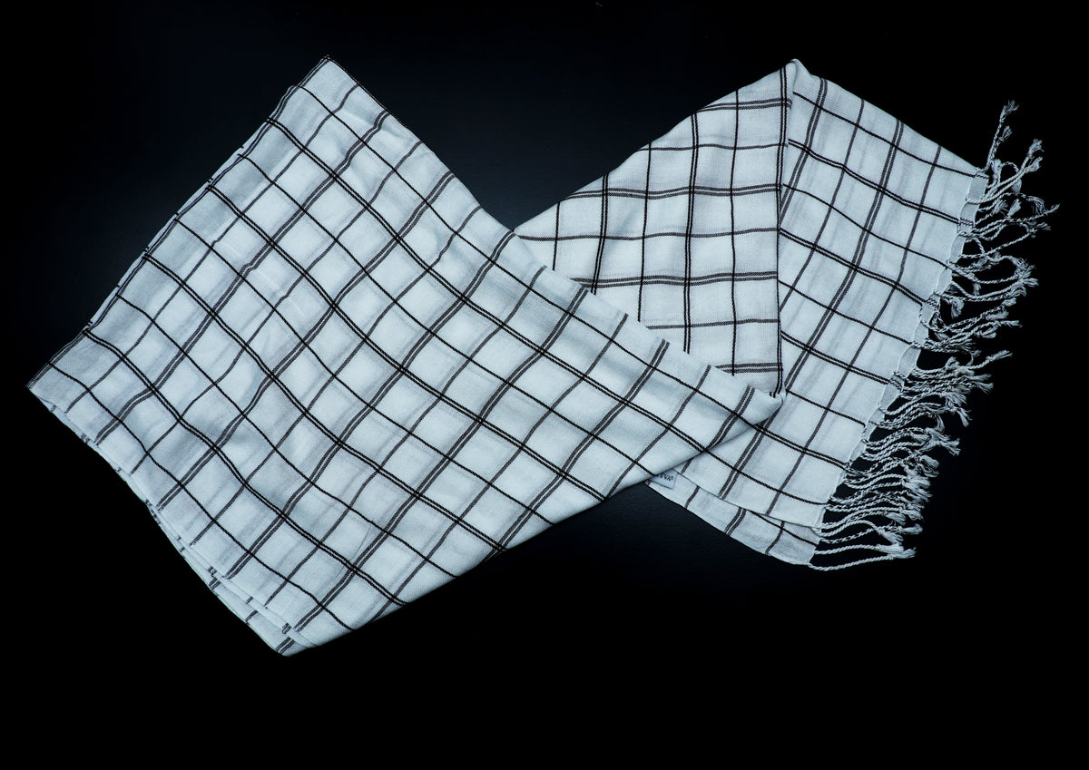 In-Sattva White checkered handwoven rayon scarf stole, additional product image highlighting its color and woven detailing.