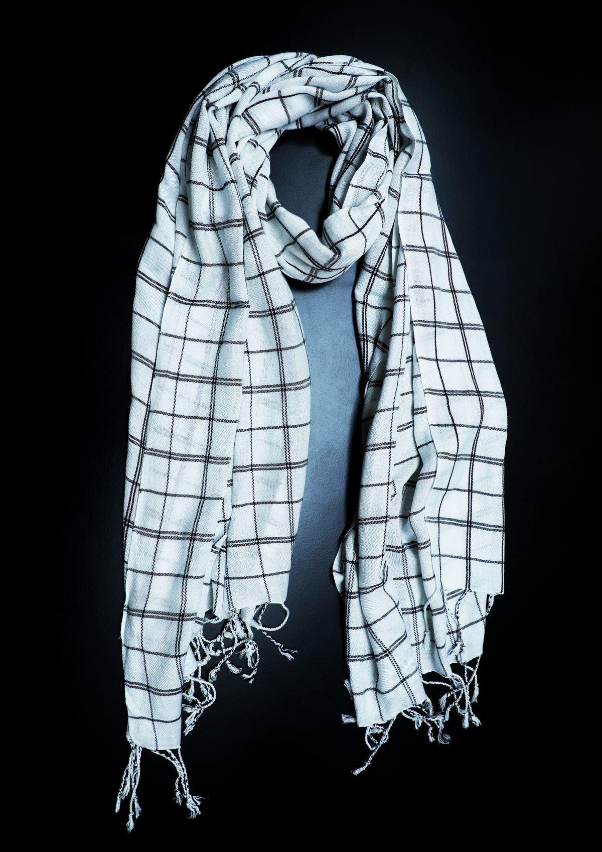In-Sattva White checkered handwoven rayon scarf stole, alternate product image showing its artisan pattern and lightweight drape.
