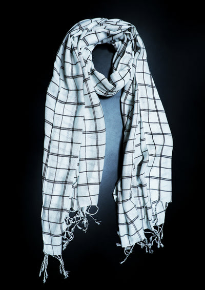 In-Sattva White checkered handwoven rayon scarf stole, alternate product image showing its artisan pattern and lightweight drape.