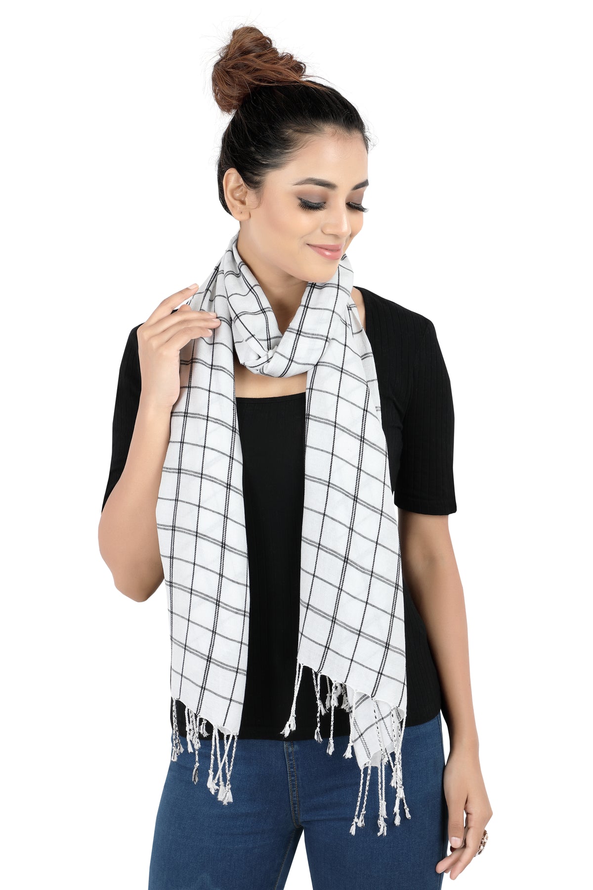 In-Sattva White checkered handwoven rayon scarf stole, detail-oriented product image showing the scarf's artisan finish.