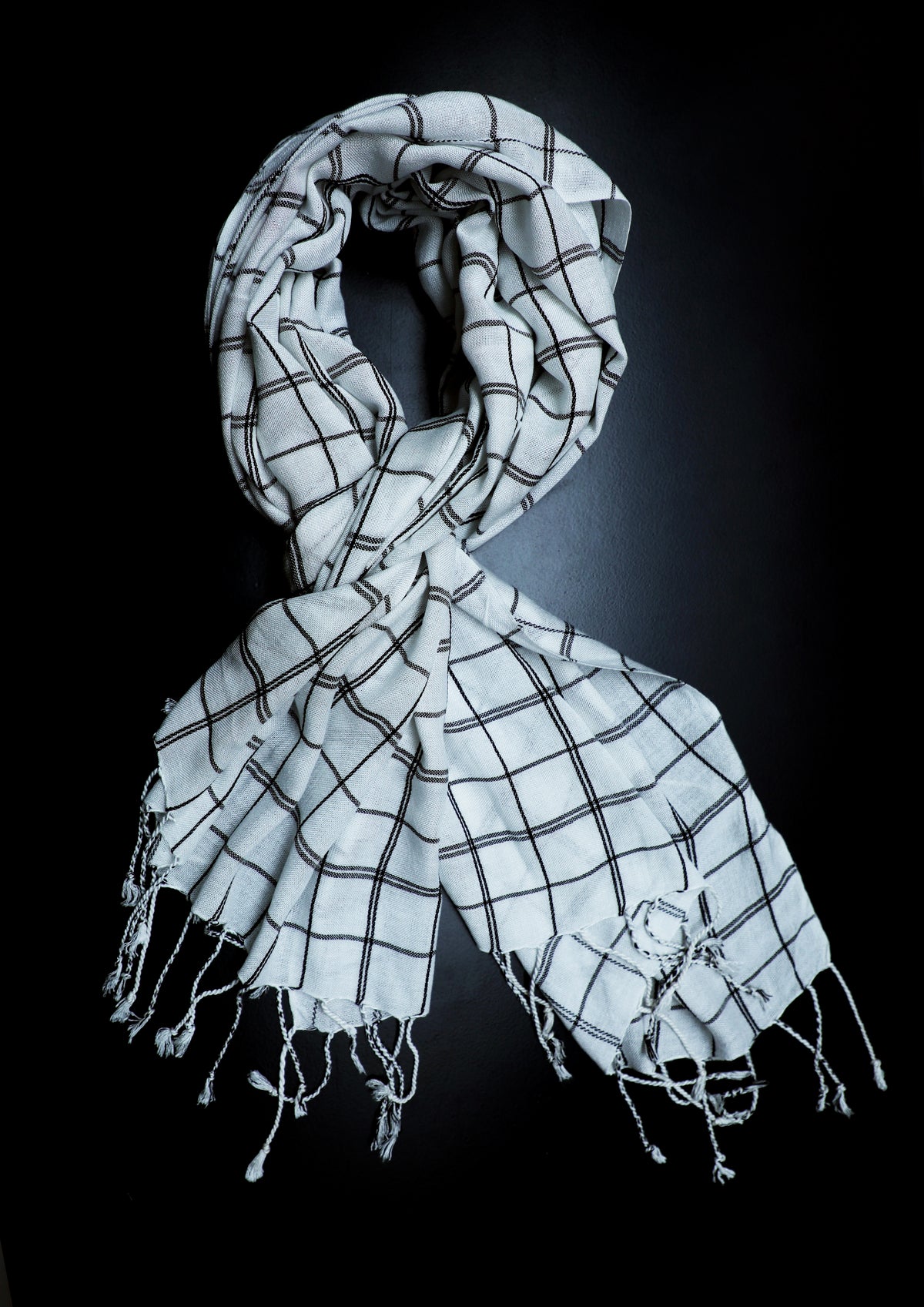 In-Sattva White checkered handwoven rayon scarf stole, primary product image highlighting its color, pattern and woven texture.