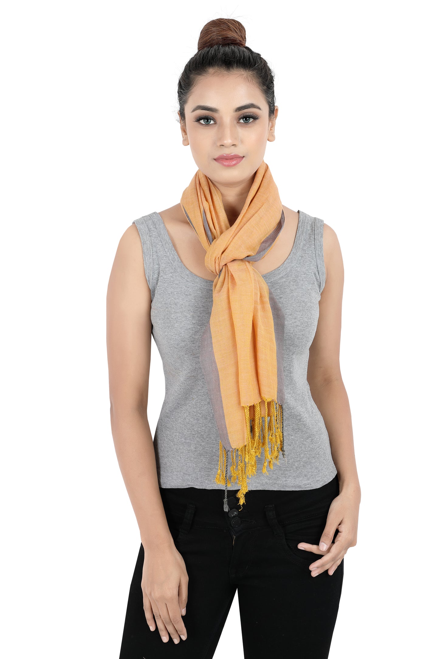 In-Sattva Orange/Gray tassel border rayon scarf stole, detail-oriented product image showing the scarf's artisan finish.