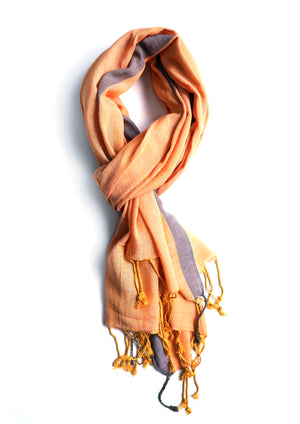 In-Sattva Orange/Gray tassel border rayon scarf stole, primary product image highlighting its color, pattern and woven texture.