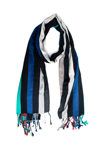In-Sattva Black striped handwoven rayon scarf stole, alternate product image showing its artisan pattern and lightweight drape.