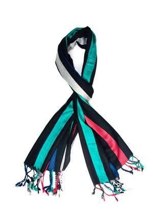 In-Sattva Black striped handwoven rayon scarf stole, primary product image highlighting its color, pattern and woven texture.