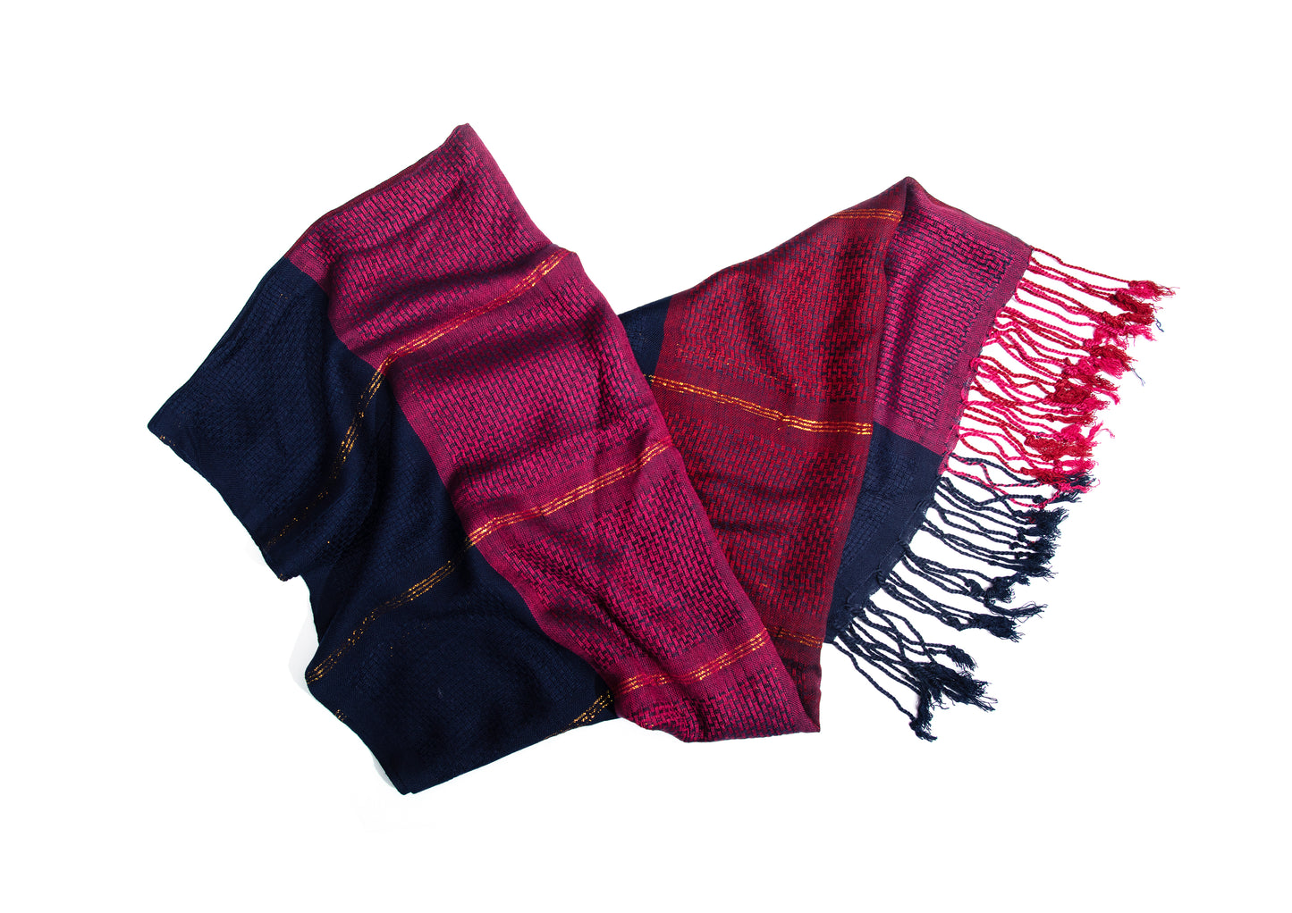 In-Sattva Blue Red two-tone handwoven cotton scarf stole, additional product image highlighting its color and woven detailing.
