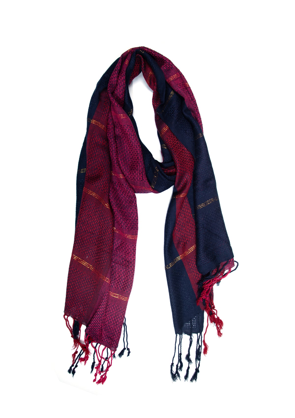 In-Sattva Blue Red two-tone handwoven cotton scarf stole, alternate product image showing its artisan pattern and lightweight drape.