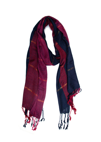 In-Sattva Blue Red two-tone handwoven cotton scarf stole, alternate product image showing its artisan pattern and lightweight drape.
