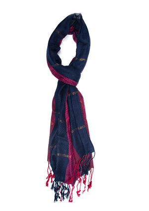 In-Sattva Blue Red two-tone handwoven cotton scarf stole, primary product image highlighting its color, pattern and woven texture.