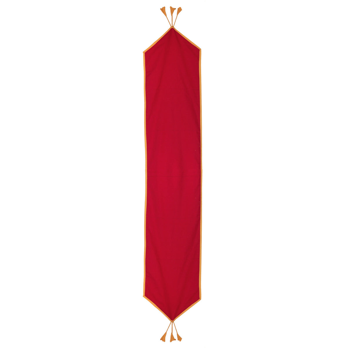 Full view of the In-Sattva maroon solid cotton table runner with gold trim and tassel fringe