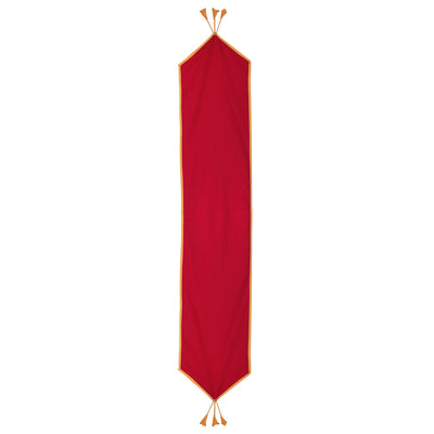 Full view of the In-Sattva maroon solid cotton table runner with gold trim and tassel fringe