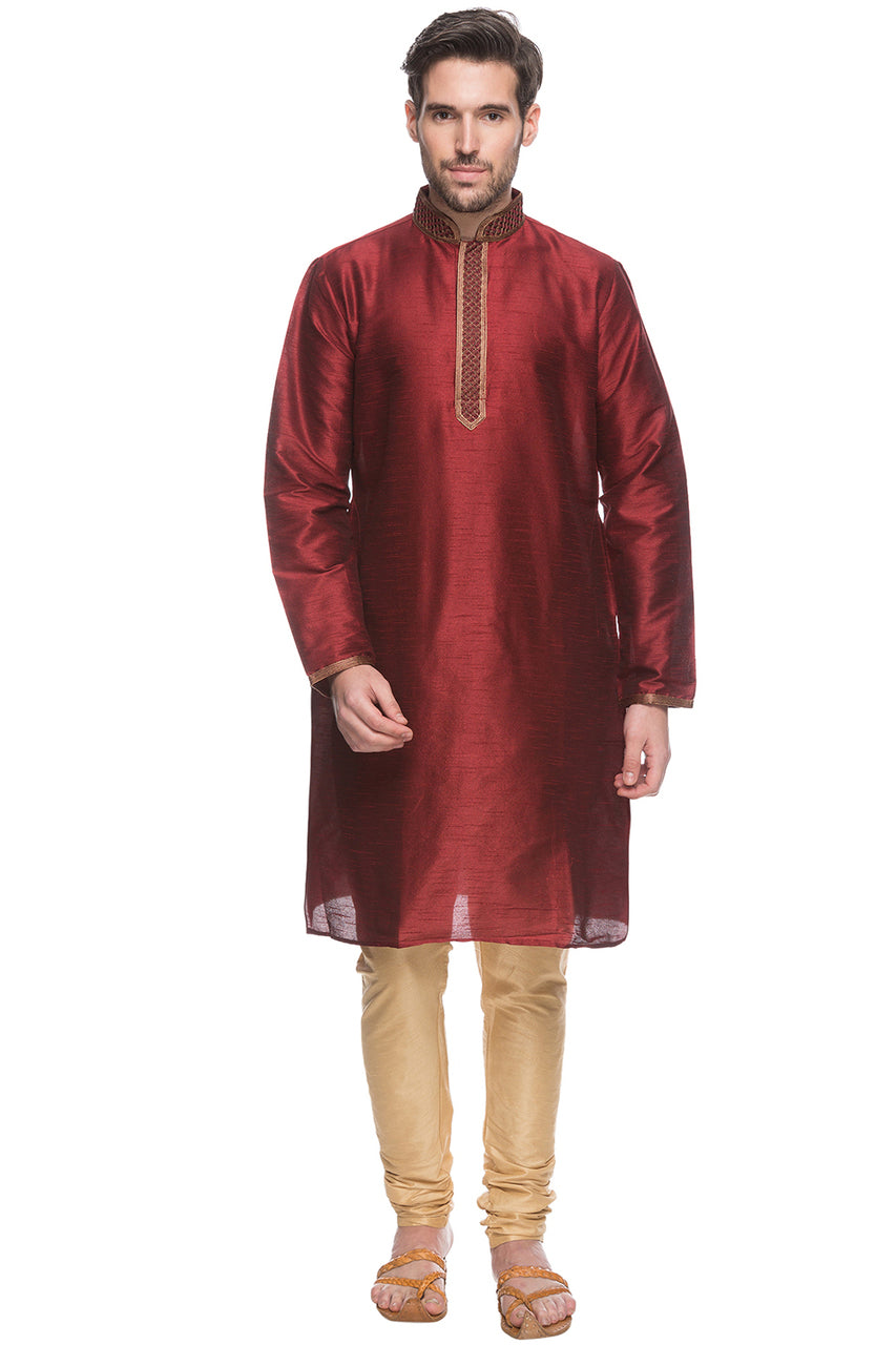 Full-length product display of In-Sattva men's beige art silk churidar pants, showing the drawstring waist, tapered legs and churidar gathers at the ankles.
