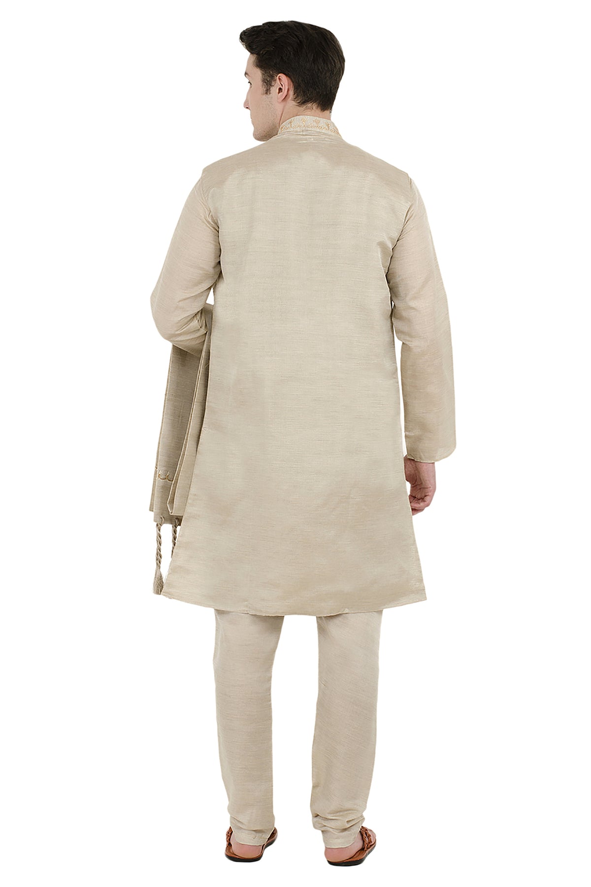 In-Sattva Men's Beige Embroidered 4-Piece Kurta Pajama Set, back full-length view