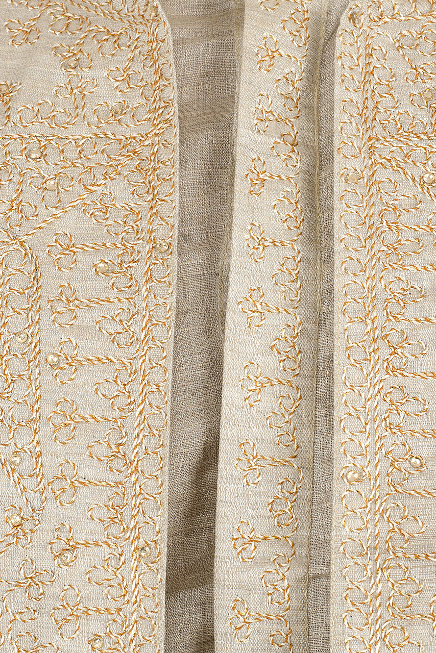 In-Sattva Men's Beige Embroidered 4-Piece Kurta Pajama Set, close-up of the beige embroidered overcoat and stole