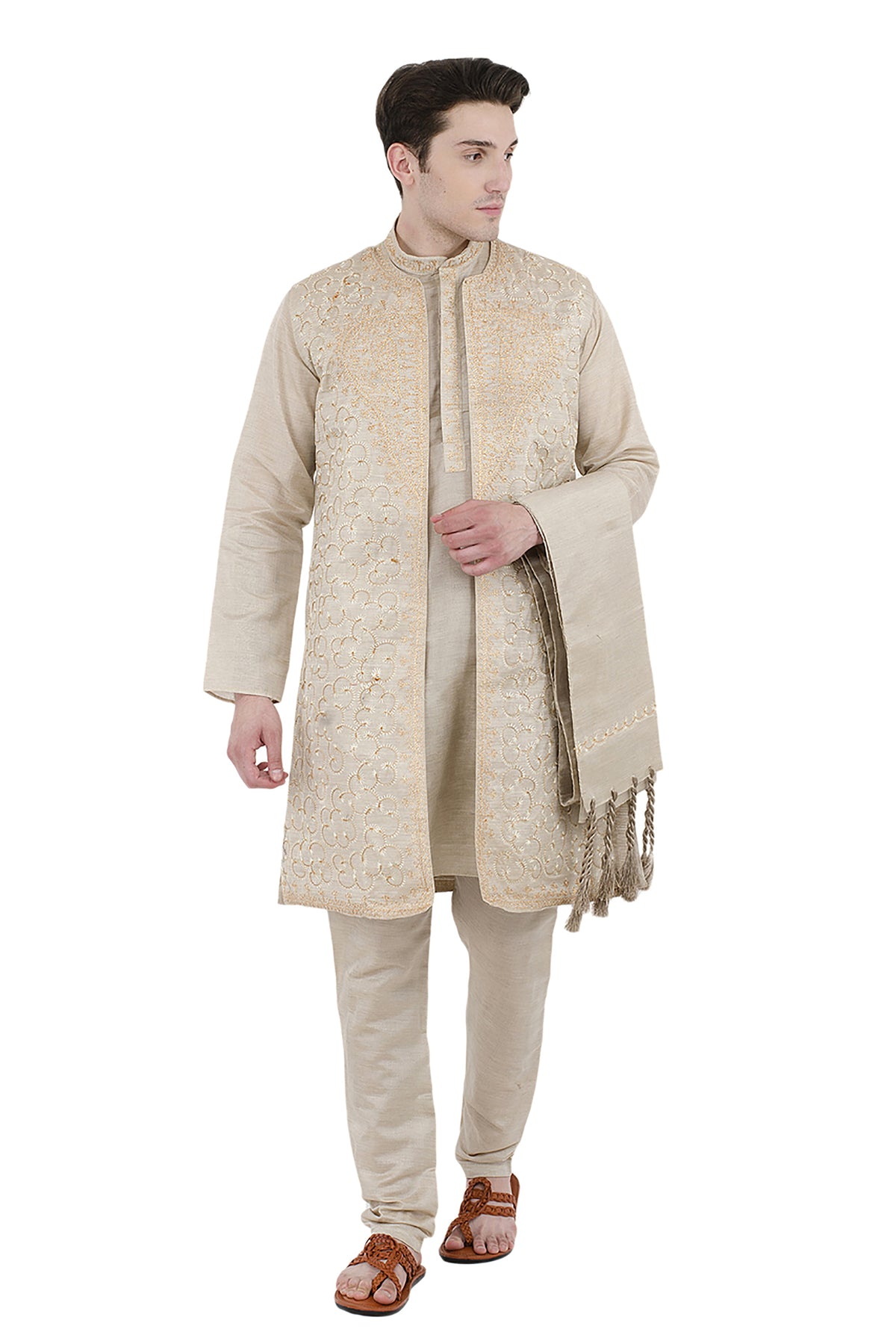 In-Sattva Men's Beige Embroidered 4-Piece Kurta Pajama Set, front full-length view