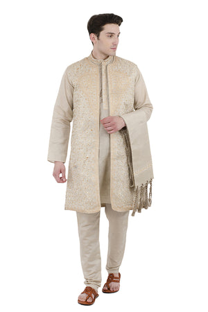 In-Sattva Men's Beige Embroidered 4-Piece Kurta Pajama Set, front full-length view