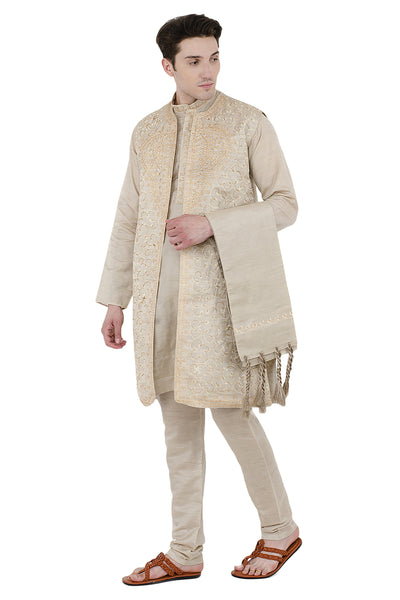 In-Sattva Men's Beige Embroidered 4-Piece Kurta Pajama Set, left angled full-length view