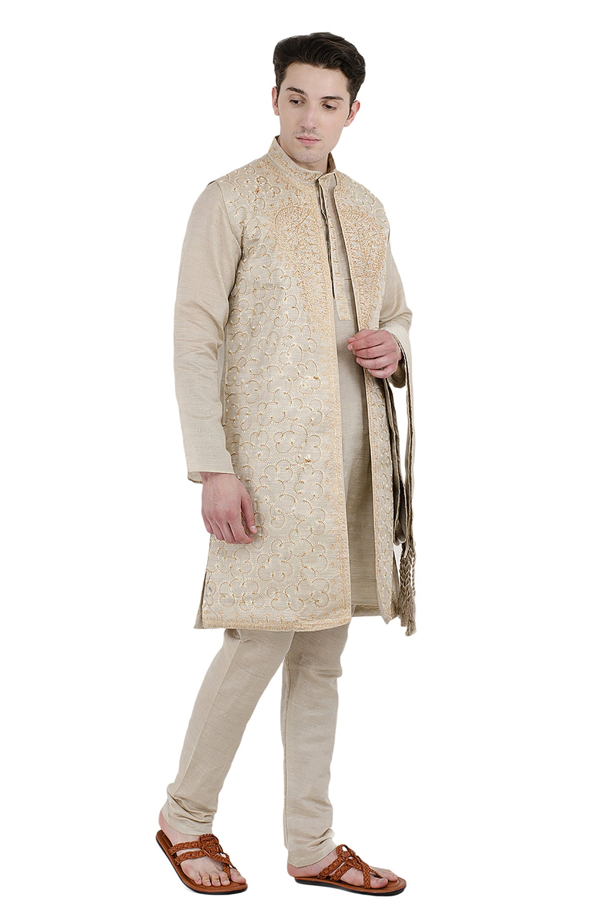 In-Sattva Men's Beige Embroidered 4-Piece Kurta Pajama Set, right angled full-length view