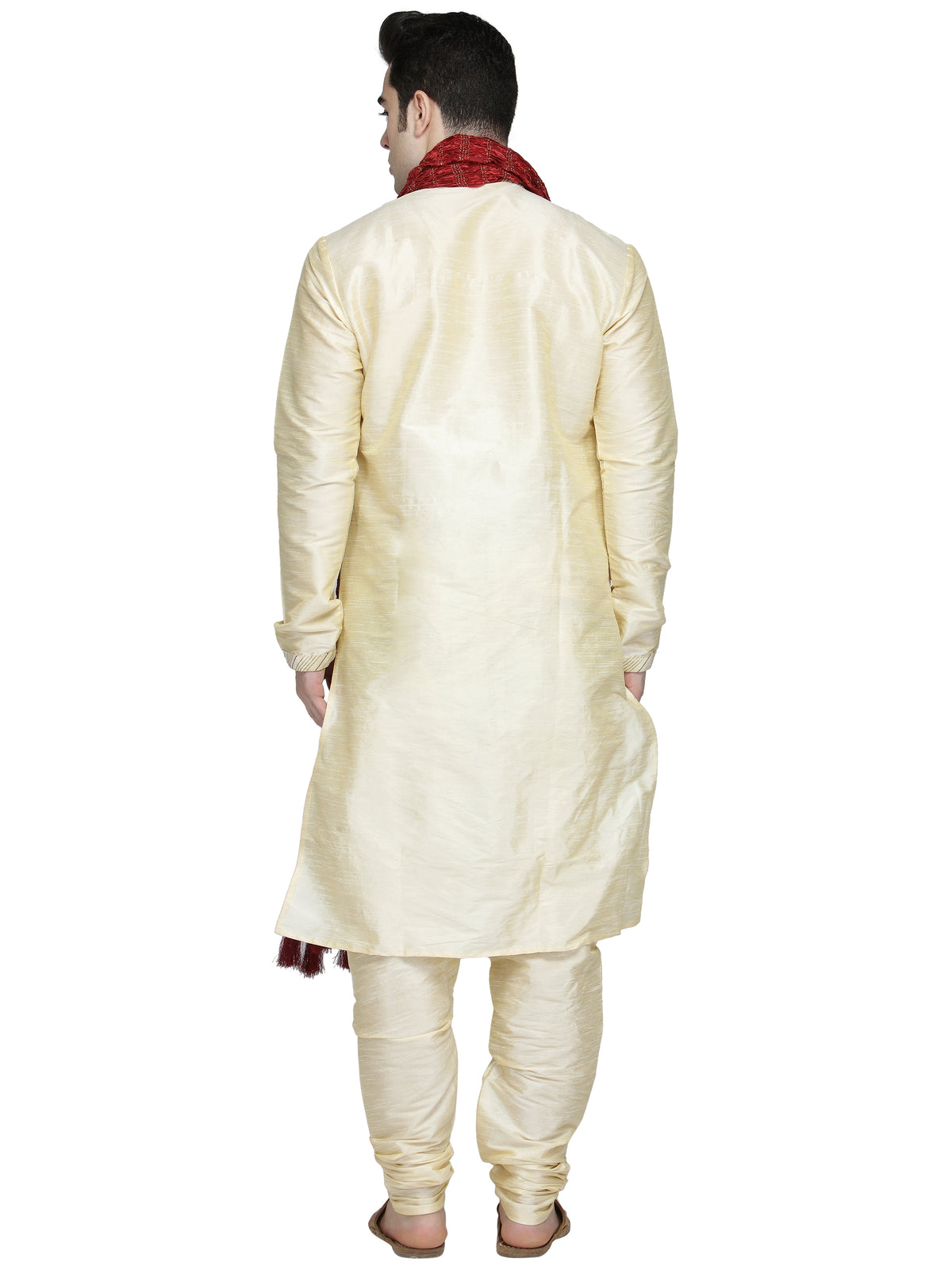 In-Sattva Men's Beige Pintucked 3-Piece Kurta Pajama Set, back full-length view