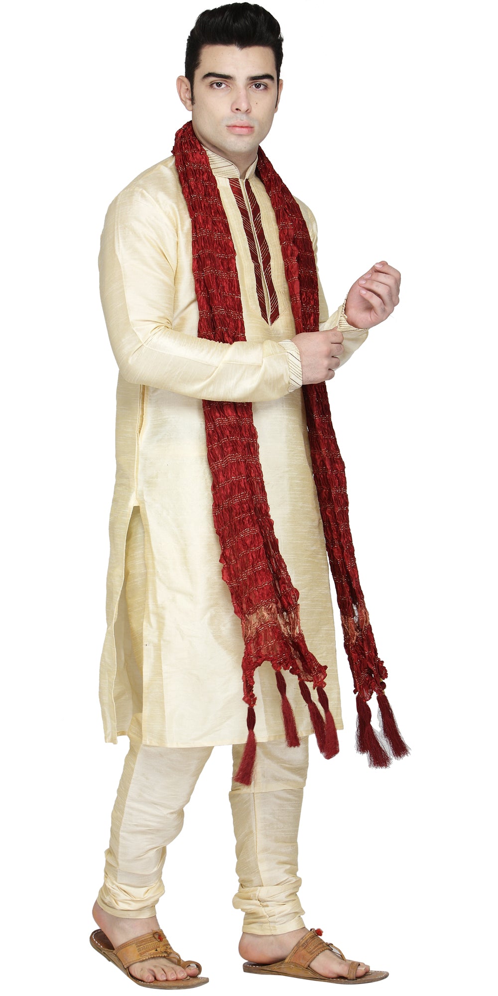 In-Sattva Men's Beige Pintucked 3-Piece Kurta Pajama Set, left angled full-length view