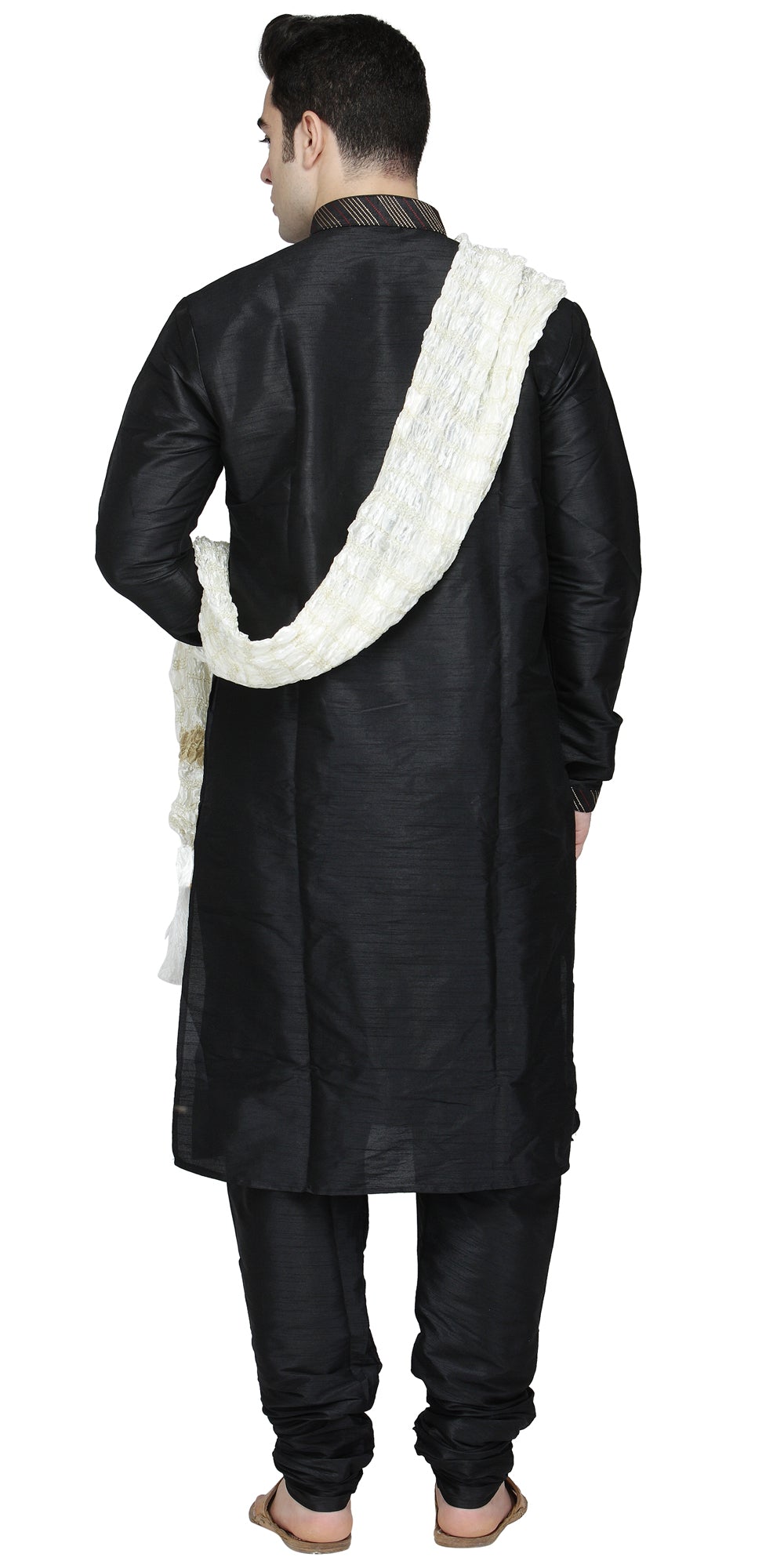 In-Sattva Men's Black Pintucked 3-Piece Kurta Pajama Set, back full-length view