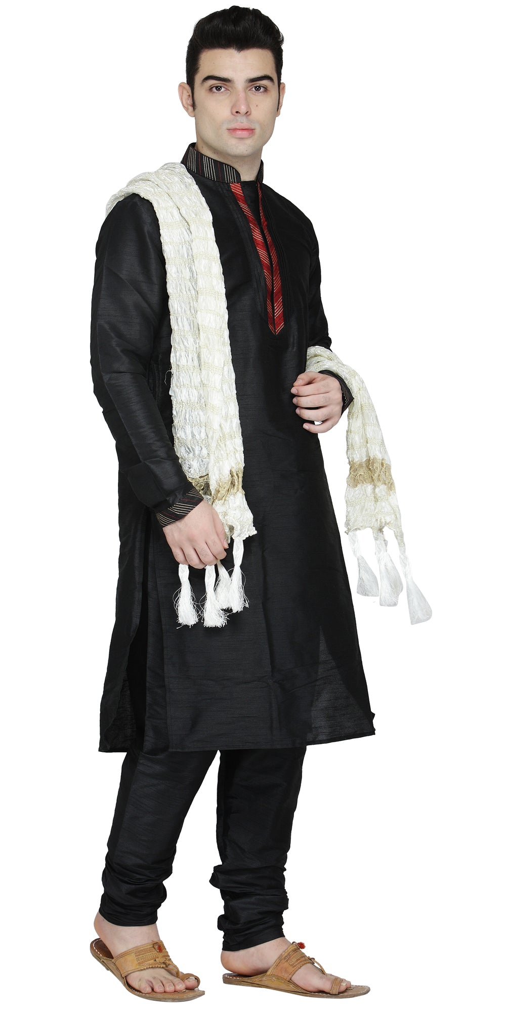 In-Sattva Men's Black Pintucked 3-Piece Kurta Pajama Set, left angled full-length view