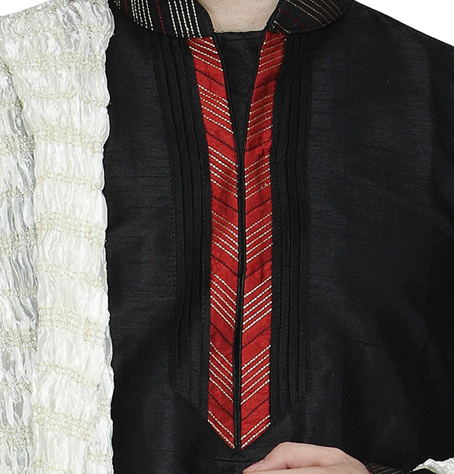 In-Sattva Men's Black Pintucked 3-Piece Kurta Pajama Set, close-up of the contrast pintucked placket and stole
