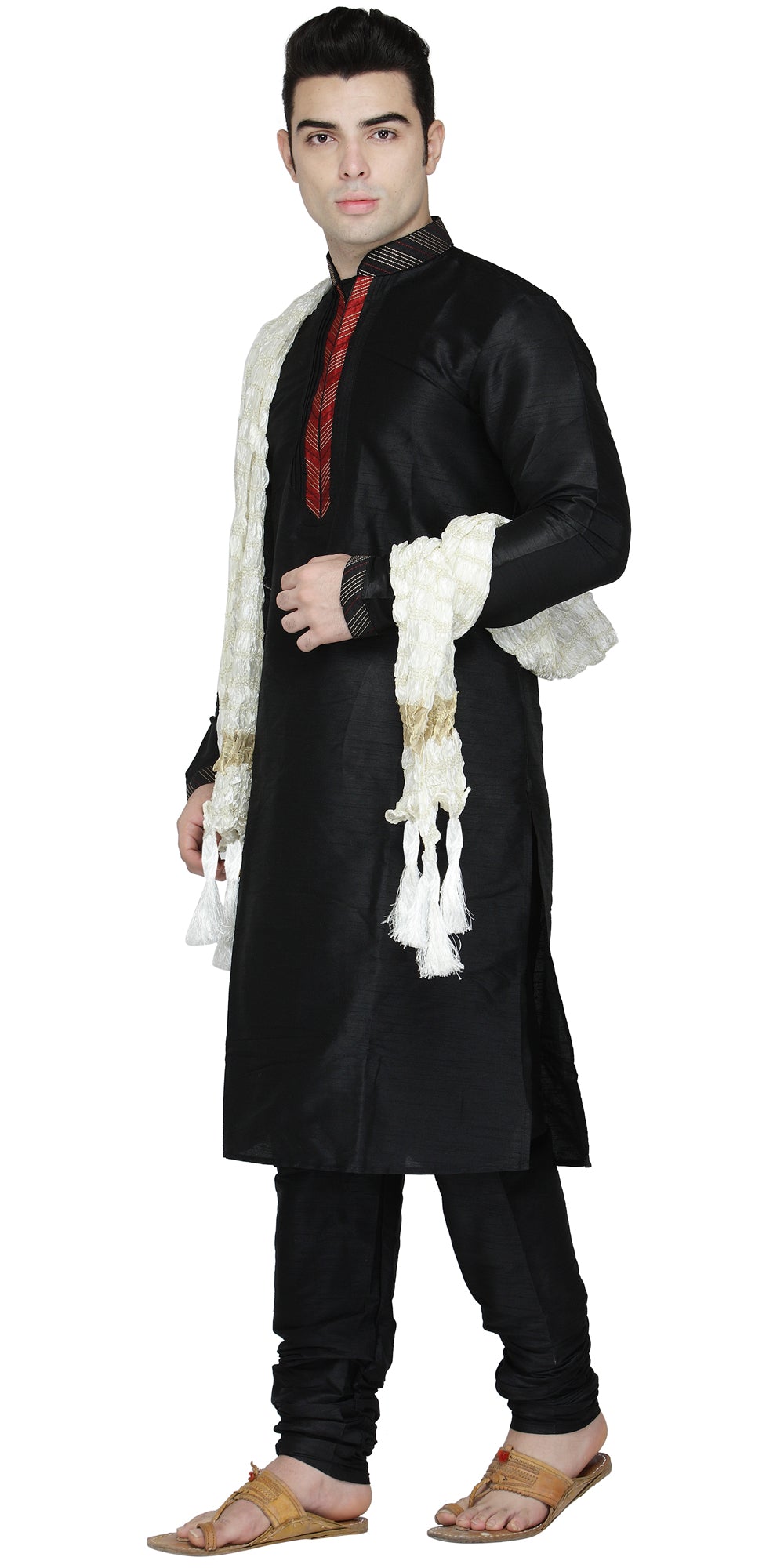 In-Sattva Men's Black Pintucked 3-Piece Kurta Pajama Set, right angled full-length view