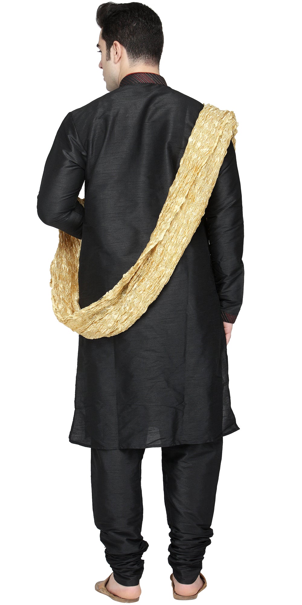 In-Sattva Men's Black Striped Cotton Blend 3-Piece Kurta Pajama Set, back full-length view
