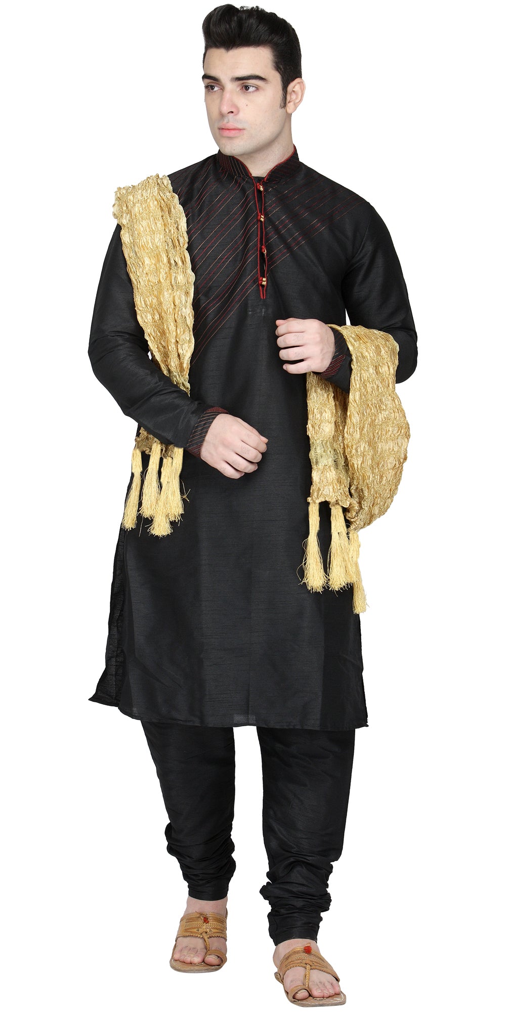 In-Sattva Men's Black Striped Cotton Blend 3-Piece Kurta Pajama Set, front full-length view