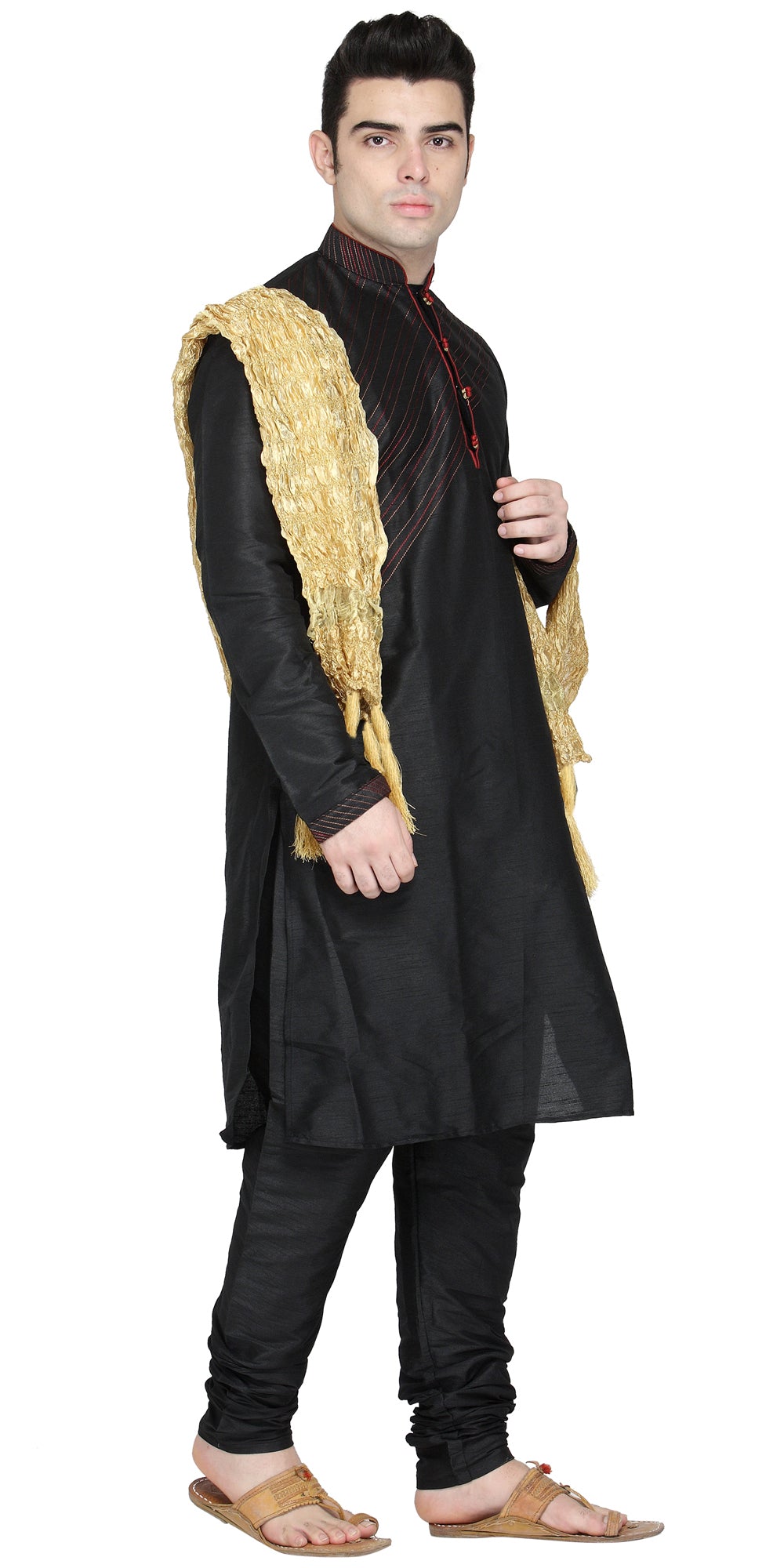 In-Sattva Men's Black Striped Cotton Blend 3-Piece Kurta Pajama Set, left angled full-length view