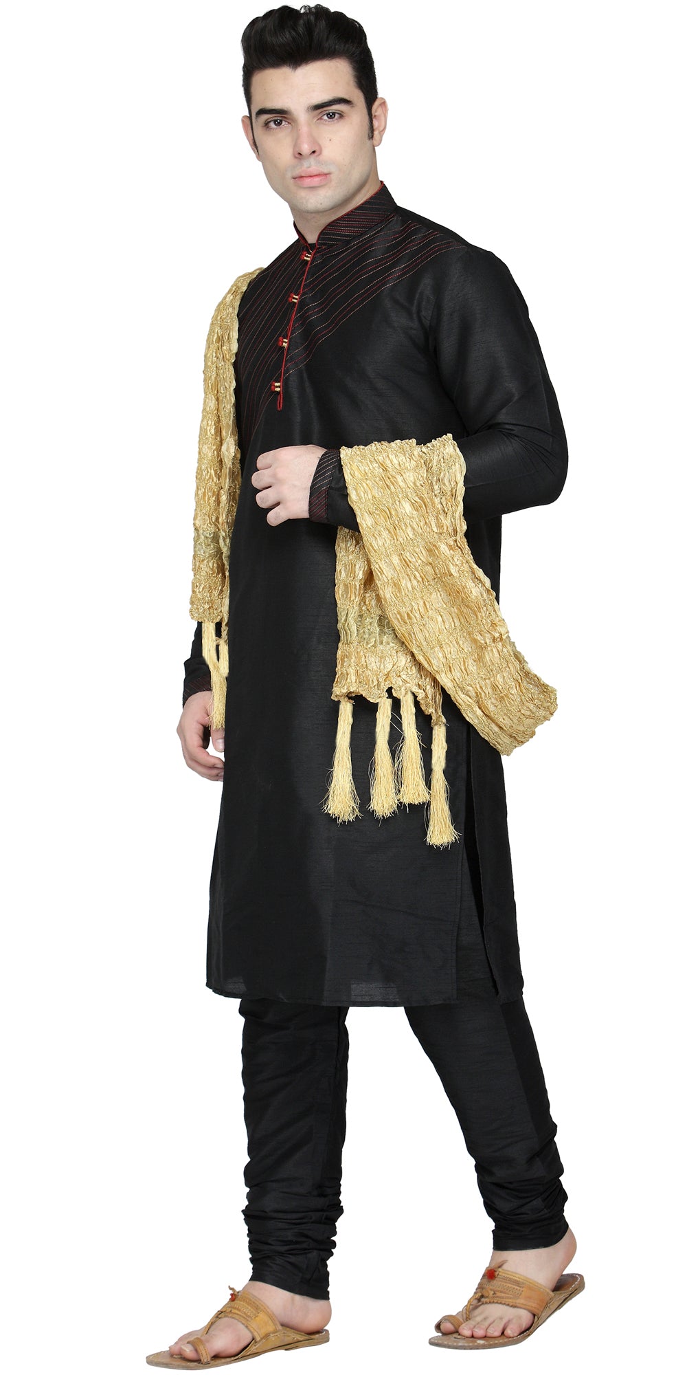 In-Sattva Men's Black Striped Cotton Blend 3-Piece Kurta Pajama Set, right angled full-length view