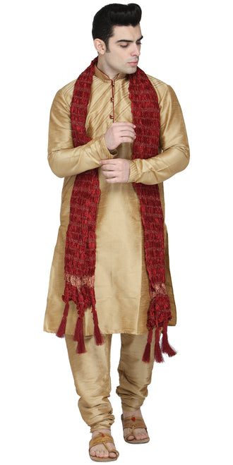 In-Sattva men's brown art silk churidar pants styled with a kurta, showing the coordinated color and gathered ankle fit.