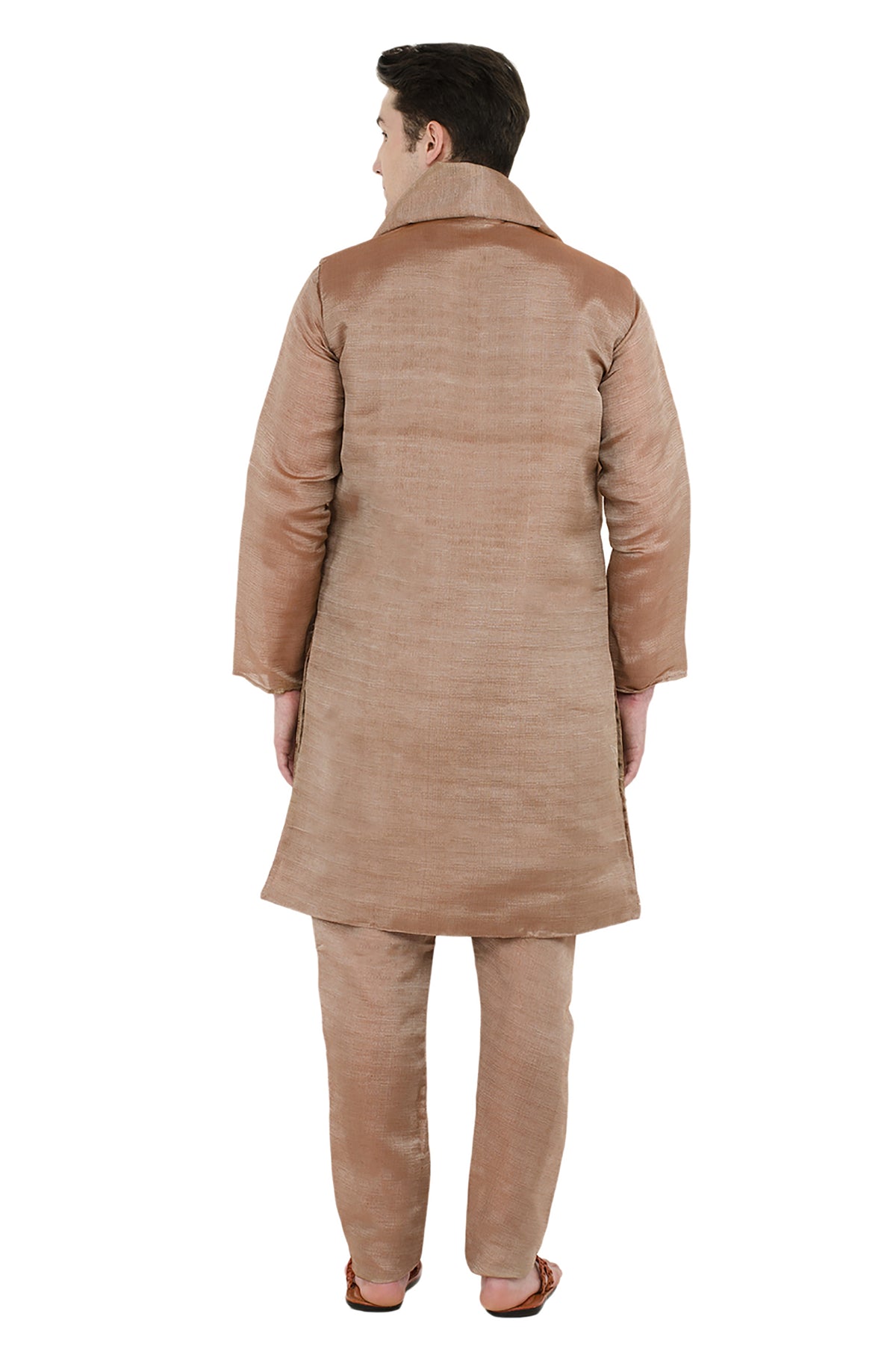 In-Sattva Men's Brown Embroidered 4-Piece Kurta Pajama Set, back full-length view
