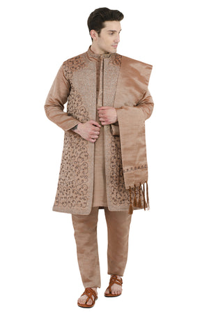 In-Sattva Men's Brown Embroidered 4-Piece Kurta Pajama Set, front full-length view