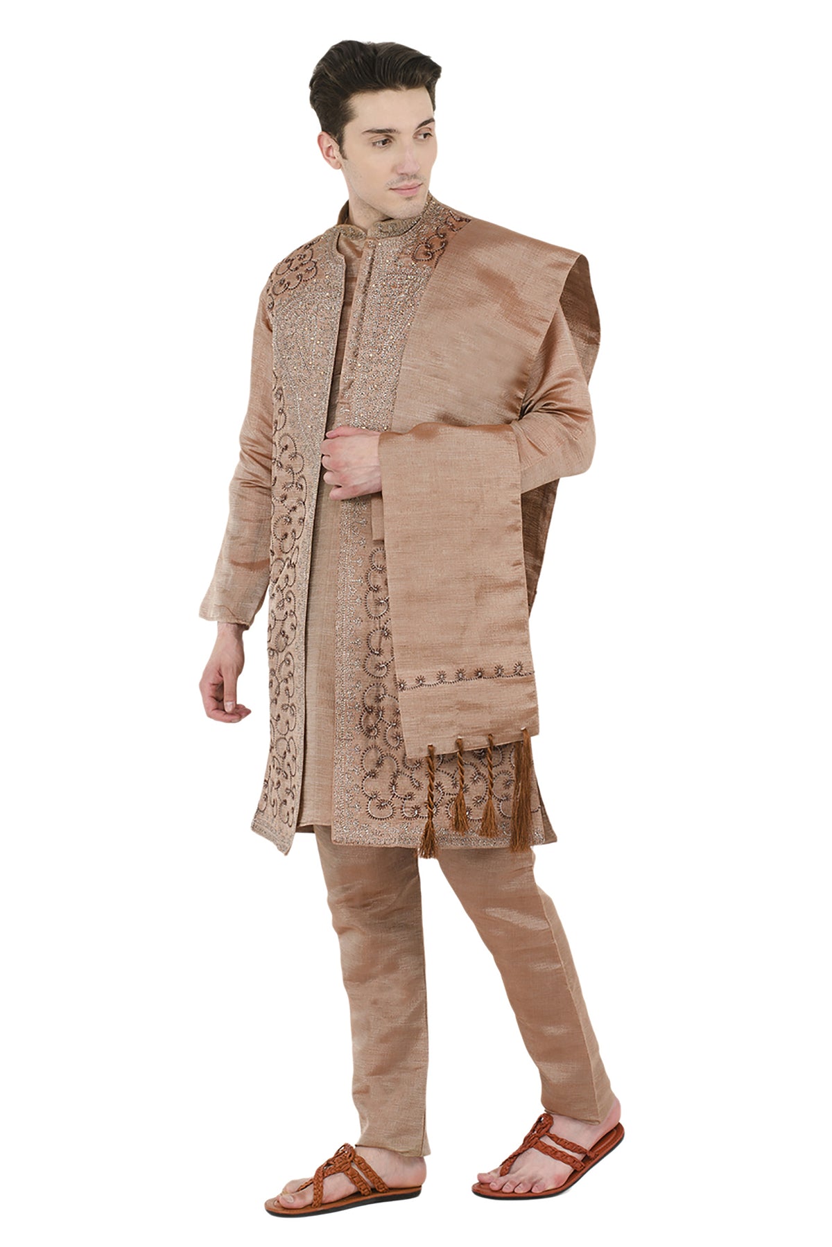 In-Sattva Men's Brown Embroidered 4-Piece Kurta Pajama Set, left angled full-length view