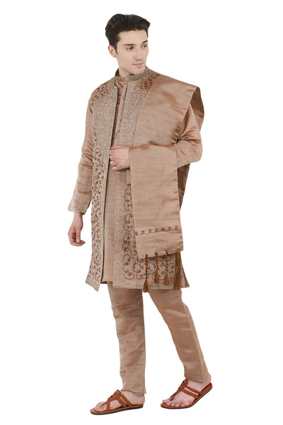 In-Sattva Men's Brown Embroidered 4-Piece Kurta Pajama Set, left angled full-length view