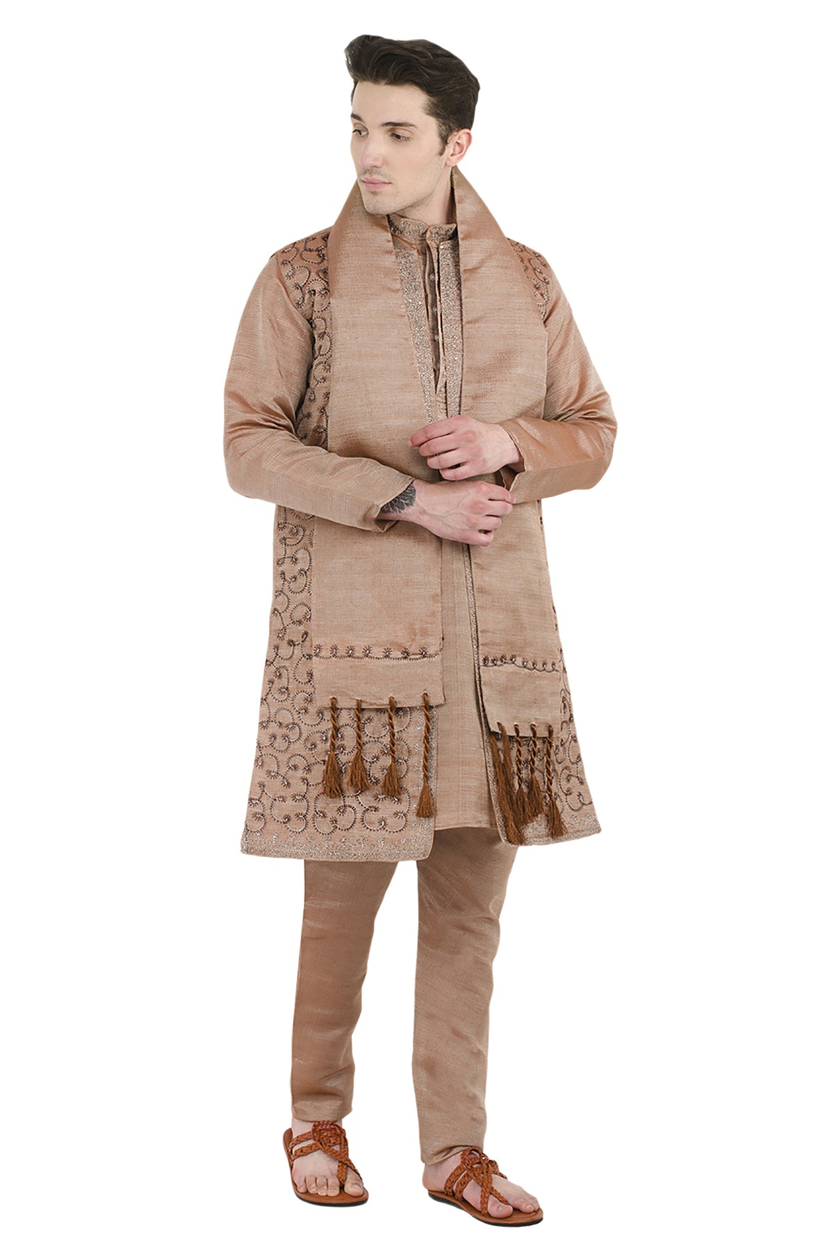 In-Sattva Men's Brown Embroidered 4-Piece Kurta Pajama Set, right angled full-length view