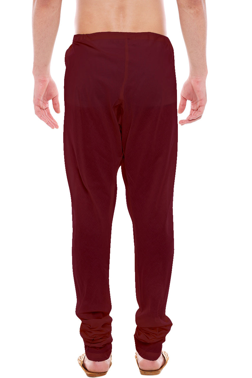 Back view of In-Sattva men's burgundy art silk churidar pants, showing the tapered full-length fit and ankle gathers from the back.