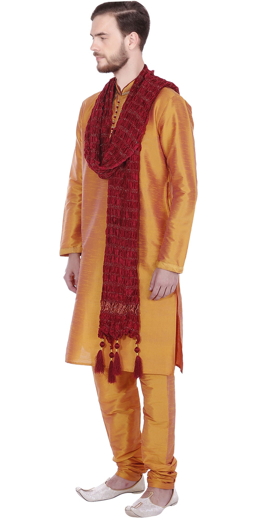 In-Sattva Men's Caramel Gold Threaded 3-Piece Kurta Pajama Set, right angled full-length view