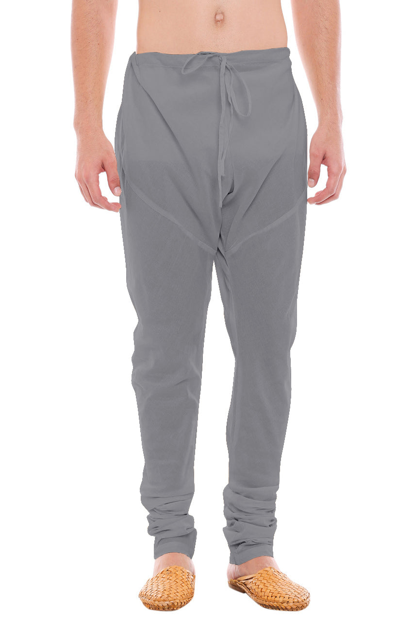 Front view of In-Sattva men's gray art silk churidar pants, showing the drawstring waist, tapered legs and ankle gathers.