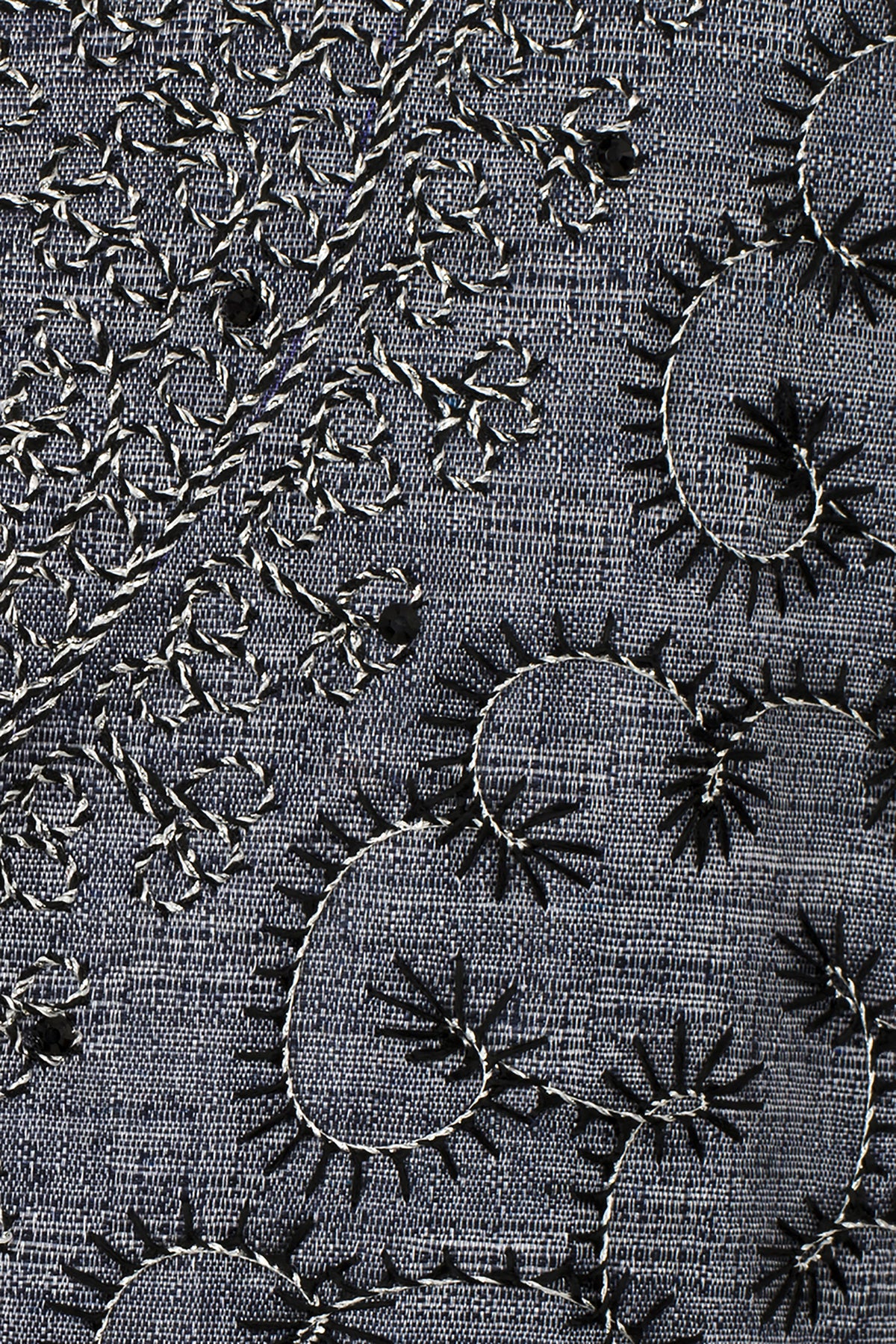 In-Sattva Men's Gray Embroidered 4-Piece Kurta Pajama Set, close-up of the gray overcoat embroidery