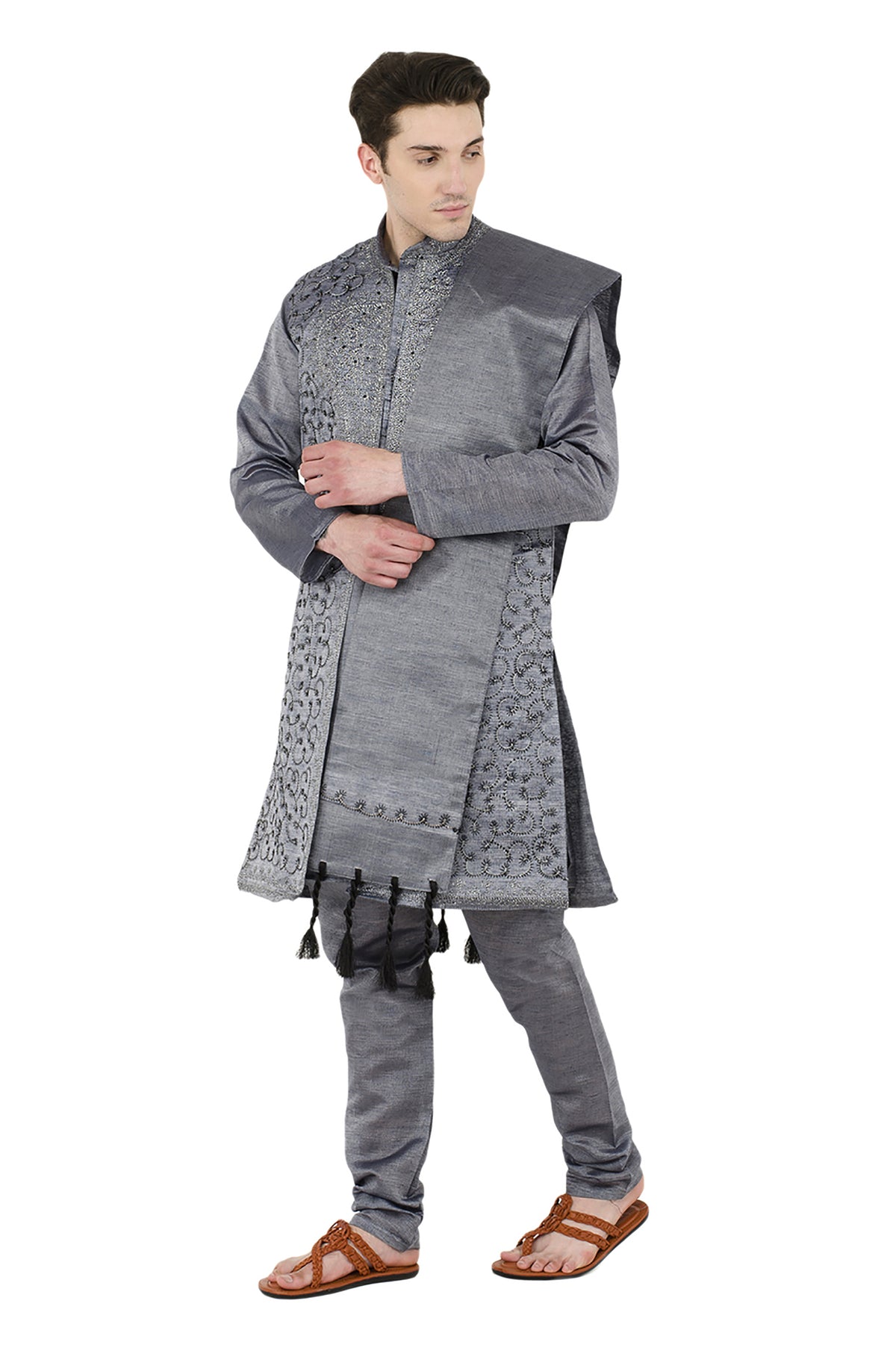 In-Sattva Men's Gray Embroidered 4-Piece Kurta Pajama Set, left angled full-length view
