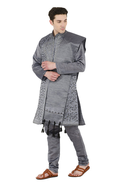 In-Sattva Men's Gray Embroidered 4-Piece Kurta Pajama Set, left angled full-length view