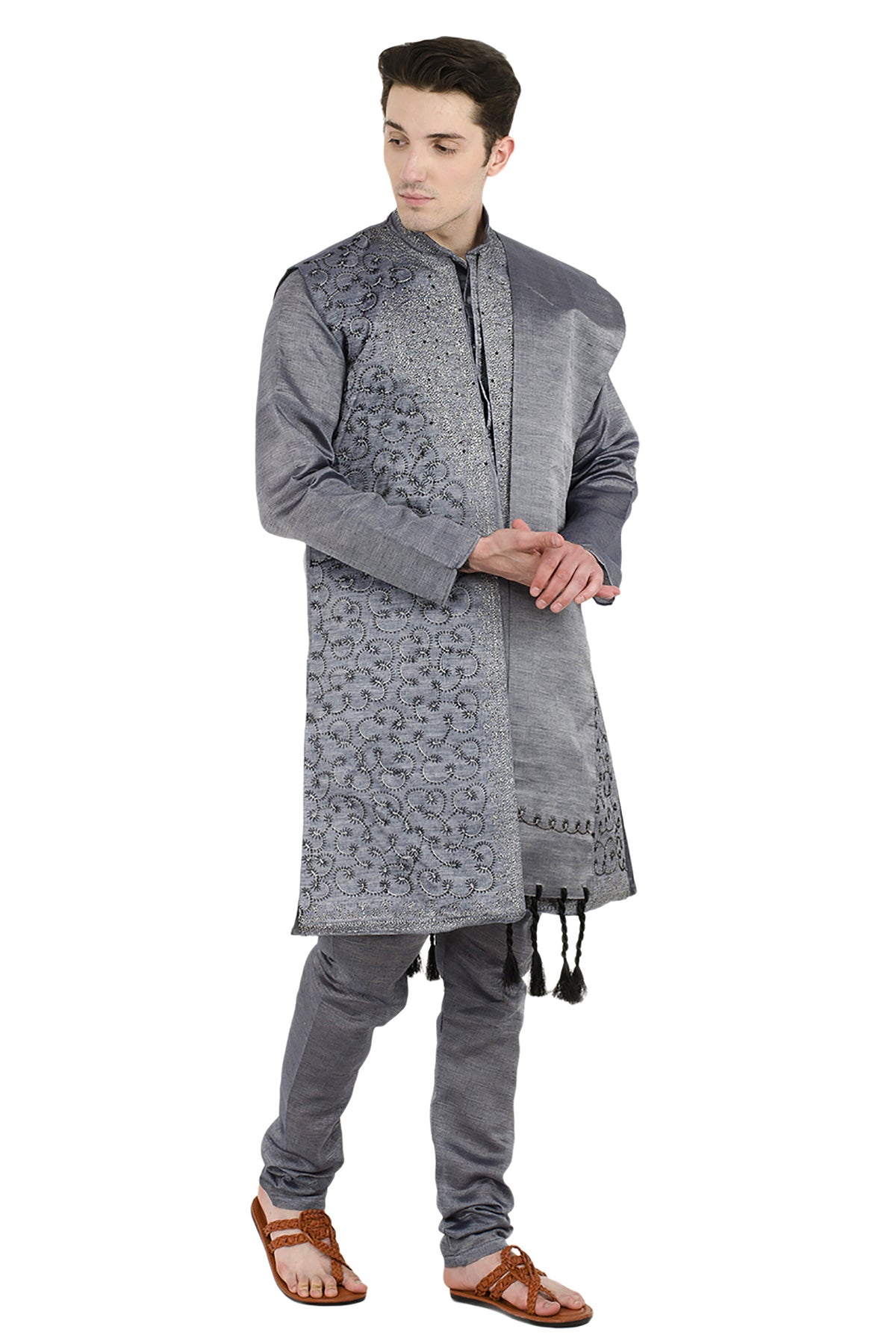 In-Sattva Men's Gray Embroidered 4-Piece Kurta Pajama Set, right angled full-length view