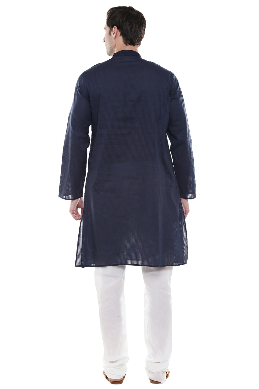 In-Sattva Men's Navy Blue Classic 2-Piece Kurta Pajama Set, back full-length view