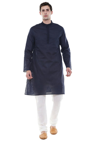 In-Sattva Men's Navy Blue Classic 2-Piece Kurta Pajama Set, front full-length view