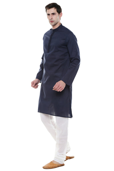 In-Sattva Men's Navy Blue Classic 2-Piece Kurta Pajama Set, left angled full-length view