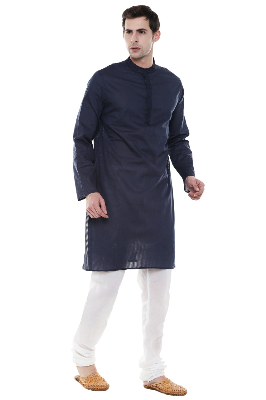 In-Sattva Men's Navy Blue Classic 2-Piece Kurta Pajama Set, right angled full-length view